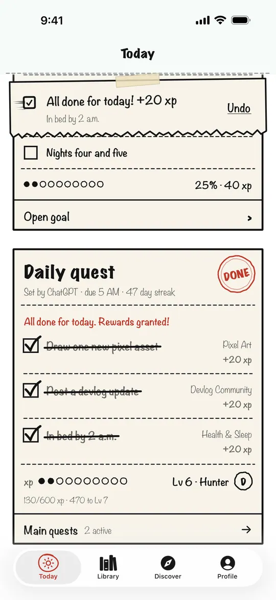 Today screen: a daily quest marked done, plus 20 XP, level 6 Hunter