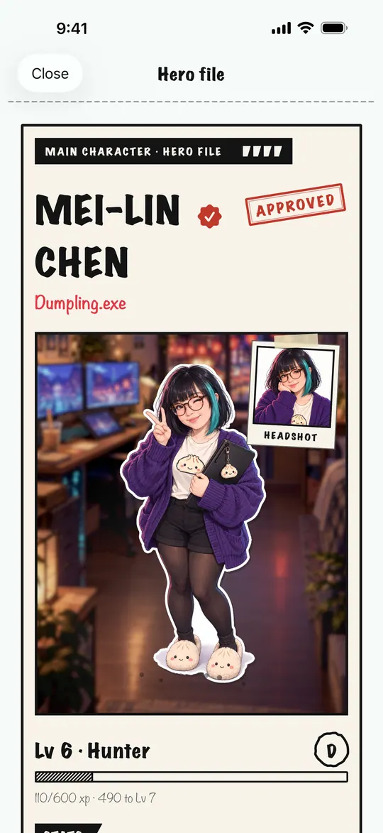 A hero file for a fictional demo character, marked approved, with a full-body manga portrait