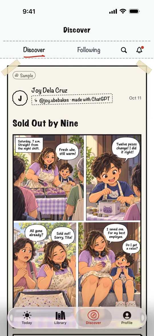 Discover feed showing a four-panel page from a sample creator, labelled Sample