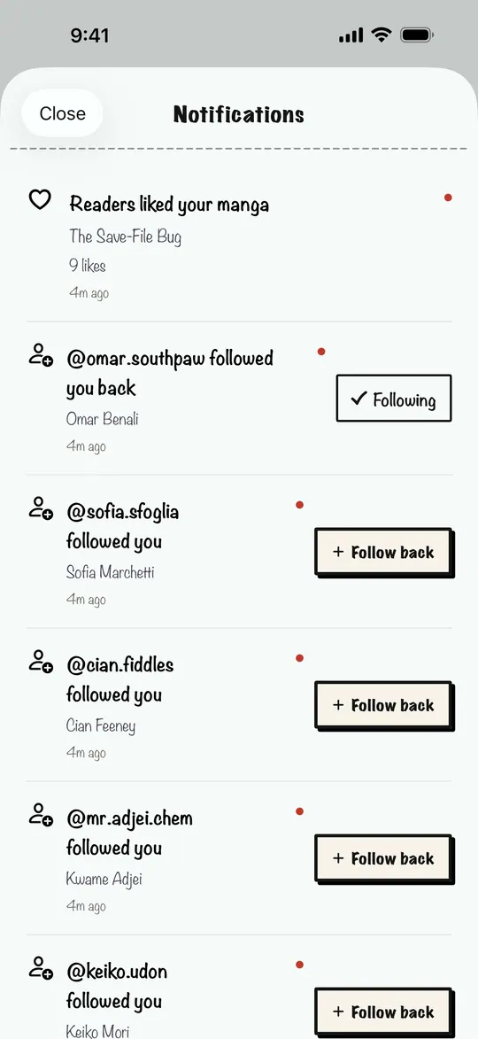 Notifications: readers liked your manga and new followers (fictional accounts)
