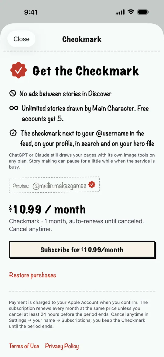 Checkmark subscription screen: no ads in Discover, unlimited stories, checkmark badge, 10.99 dollars a month